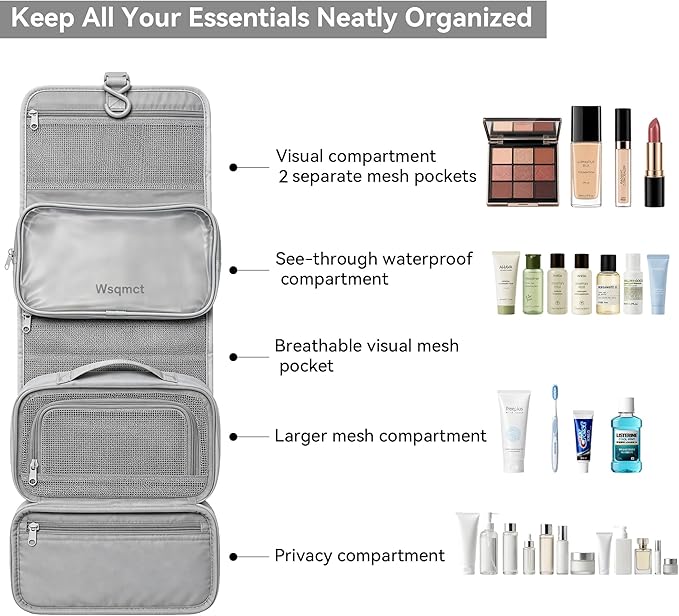 Hanging Travel Toiletry Bag, Waterproof Travel Bag for Toiletries Makeup Cosmetic Bag Organizer for Women Traveling Bathroom Shower, with 3 Silicone Travel Bottles, Blue - Image 5