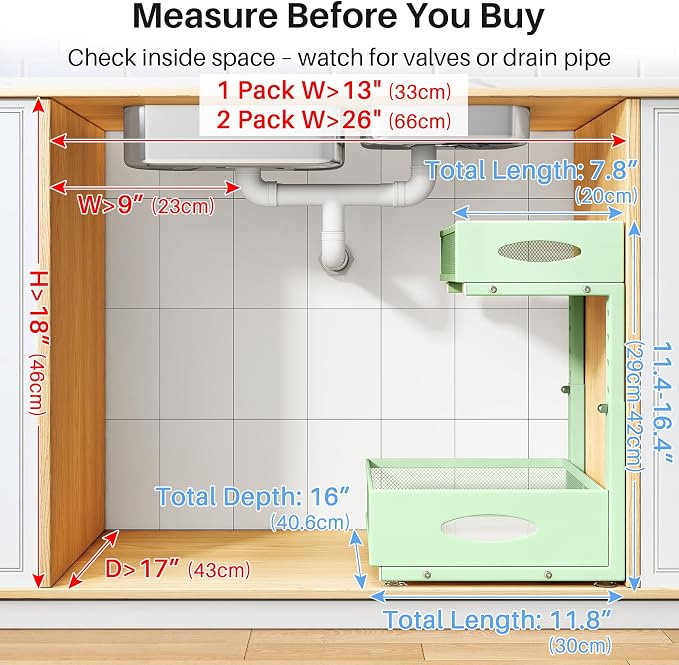Under Sink Organizer, 2 Tier Pull Out Under Cabinet Organizer Shelf with Pad for Framed Cabinets, Metal Slide Out Under Sink Storage, Mesh Sliding Drawers for Kitchen Bathroom Laundry(Green, 1 Pack) - Image 2