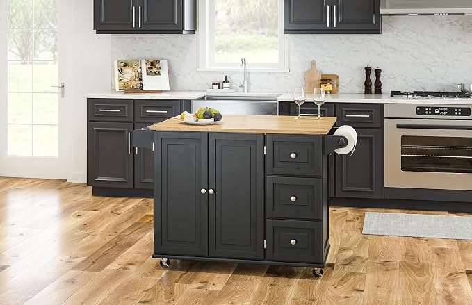 Homestyles Dolly Madison Black Mobile Kitchen Island Cart with Wood Drop Leaf Breakfast Bar - Image 6