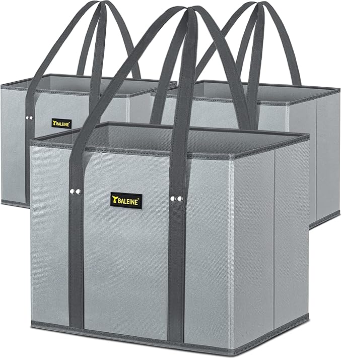 BALEINE 3PK Reusable Grocery Bags, Heavy Duty Shopping Tote Bag | 12'' Long Handles, Reinforced Bottom Keeps Upright, Fold Flat Storage, Water-Resistant Shopping Bag, Multiple Color Options by BALEINE