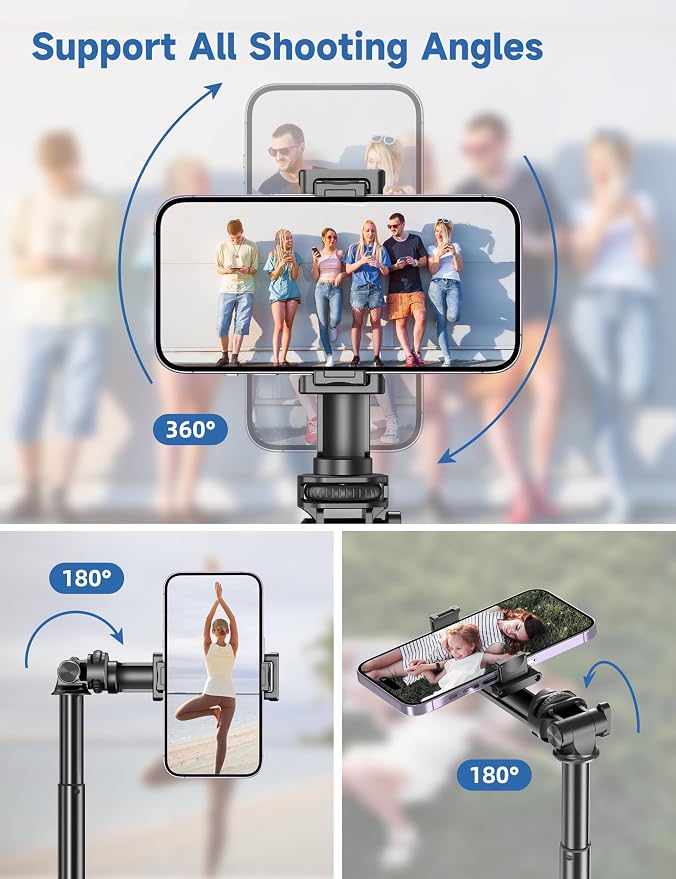75" Phone Tripod, Selfie Stick with Remote and Phone Holder, Extendable Tripod for iPhone, Aluminum Cellphone TripodStand 360° Rotation Travel Tripods Compatible with iPhone Android, GoPro - Image 6