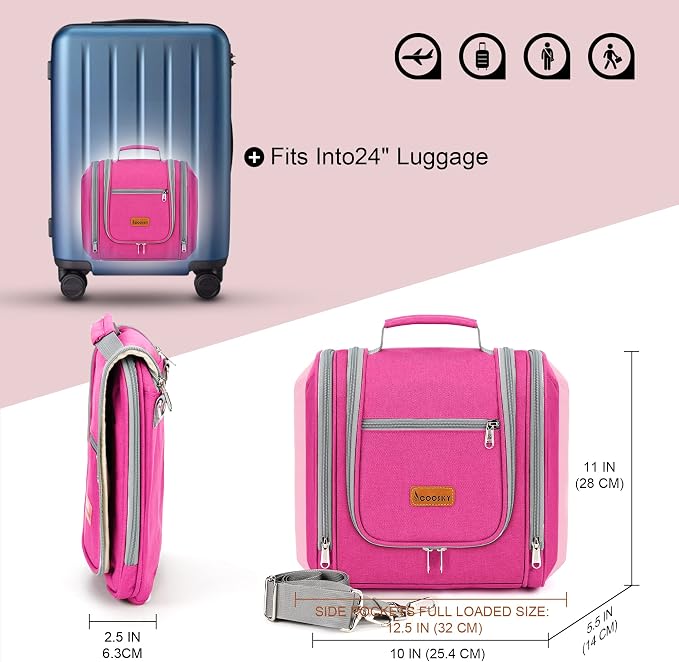 Hanging Travel Toiletry Bag for Women and Men, 6 Organizer Compartments, Extra Large Toiletries Bag, Bathroom Cosmetic Bag, Water-resistant Makeup Bag, Holds Full-Size Shampoo, Rose Red - Image 6