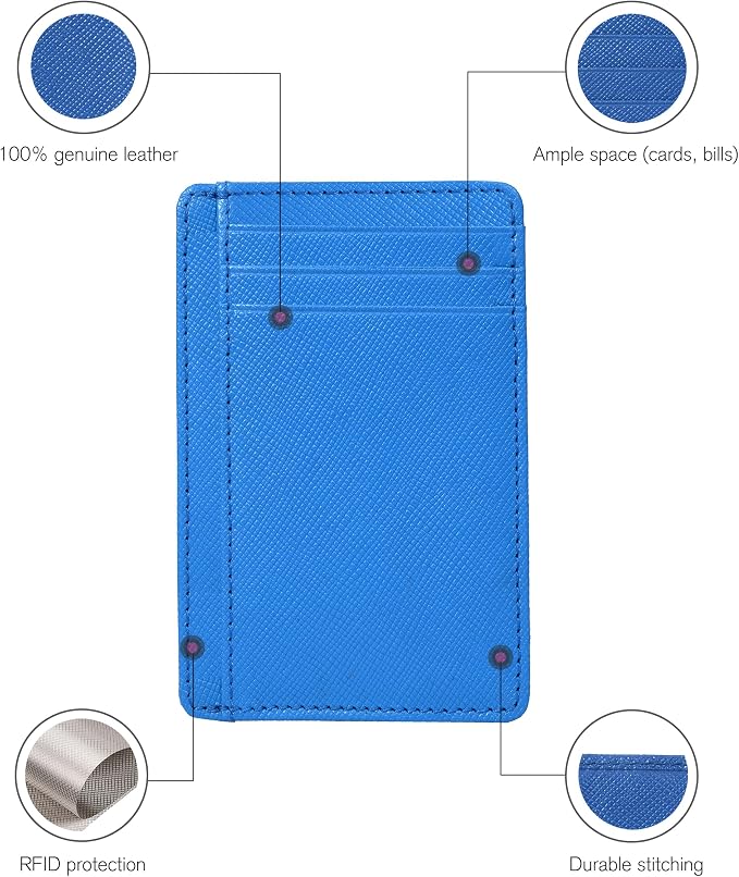 Leather Slim Minimalist RFID Blocking Front Pocket Wallet, Water Blue - Image 3