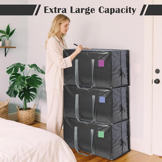 12 Pack Moving Bags with Full-Open Side Zipper, Extra Large 93L Heavy Duty Waterproof Foldable Storage Totes for College Dorm, Moving & Home Organization Gray - Image 5