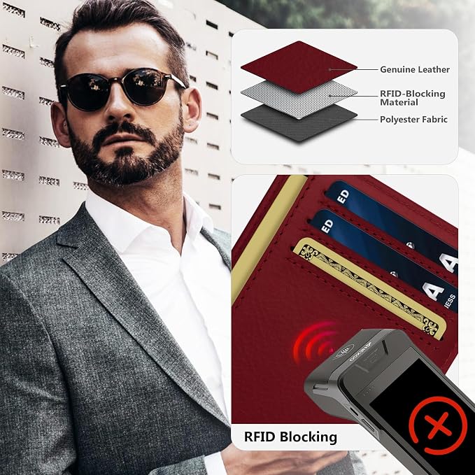 Travelambo 100% Genuine Leather Wallet for Men and Women, Slim Minimalist RFID Blocking Front Pocket Credit Card Holder with Gift Box(Red 963) - Image 3