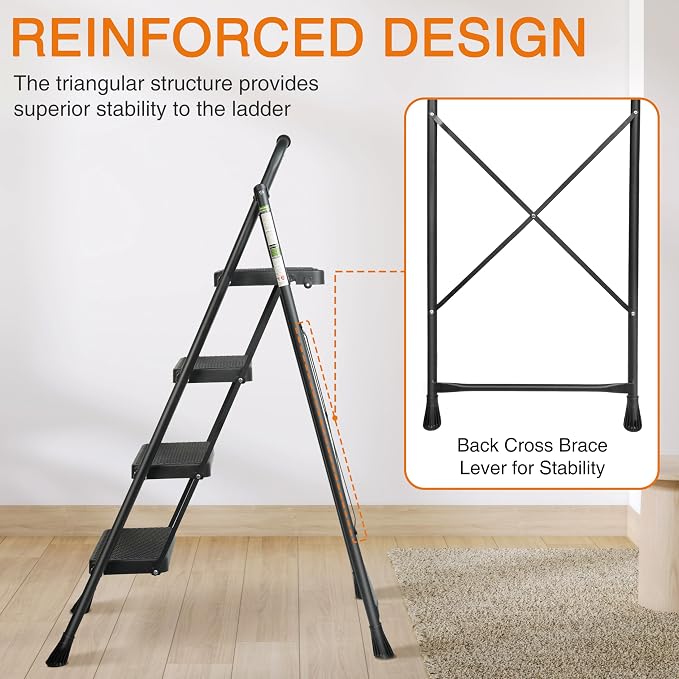 Arbusb Step Ladder, Folding Step Stool with Wide Anti-Slip Pedals, Sturdy Steel Ladder with Handrail, Space-Saving, Portable for Home & Adults, 4 Step Black - Image 8