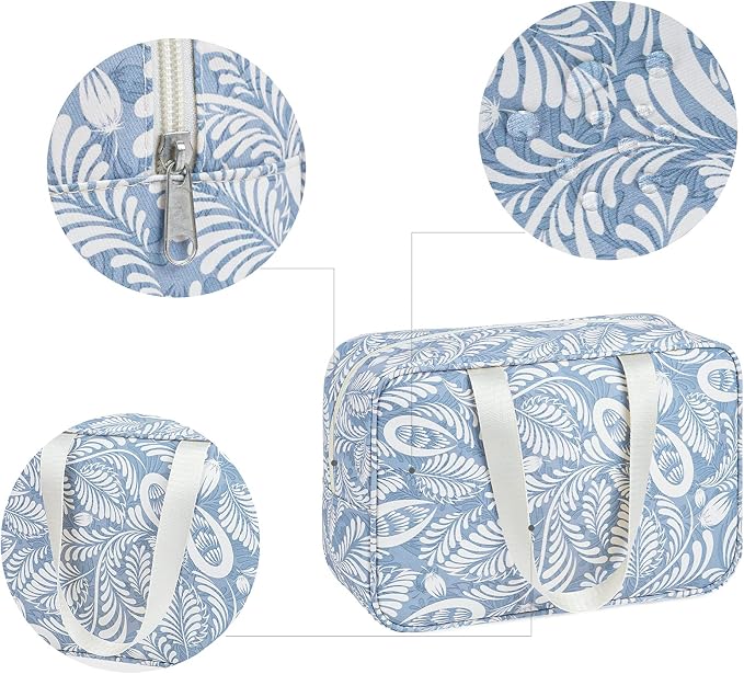 Narwey Full Size Toiletry Bag Women Large Cosmetic Bag Travel Makeup Bag Organizer Medicine Bag for Toiletries Essentials Accessories (Large, Blue Leaf) - Image 3