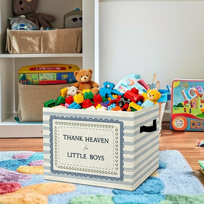 Boys Nursery Motivational Storage Bins Box with Handles Organizer Basket | encouraging affirming foldable basket for organizing, striped collapsible toys clothes for playroom nursery bedroom, 10x14 in - Image 2
