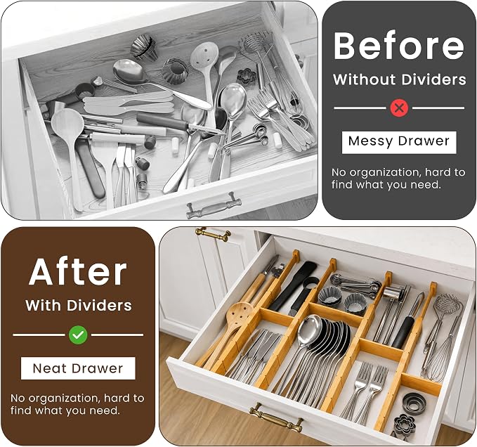 6 Pack Bamboo Drawer Dividers with 12 Inserts, Adjustable 17–22 Inch Expandable Drawer Organizer for Kitchen, Dresser & Closet, Bamboo Kitchen Drawer Organizer, Drawer Divider Set - Image 7