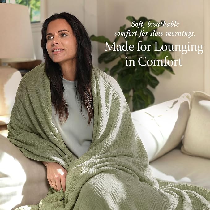 Threadmill Luxury Cotton Blankets for Queen Size Bed | All-Season 100% Cotton Queen Size Blanket | Herringbone Cozy, Soft Breathable Fall Thermal Blanket fits Full Size Bed | Moss Green - Image 3