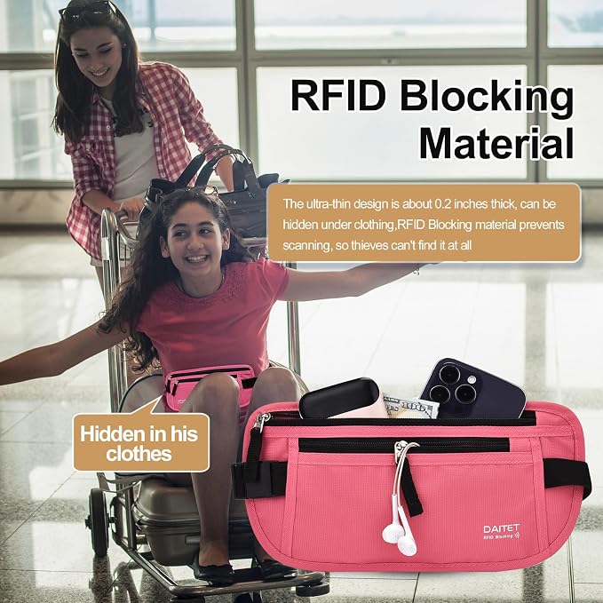 RFID Blocking Money Belt for Men Women, Slim Fanny Pack for Travel，Running,Conceal Waist Wallet for Passport Holder,Phone,Cash(Hot Pink) - Image 2