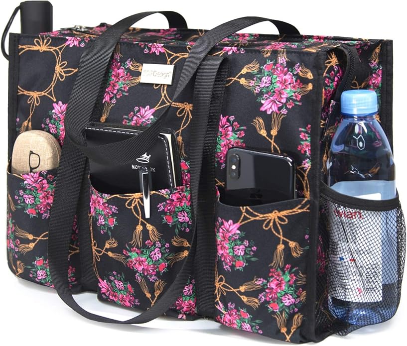 TOPDesign Utility Water Resistant Tote Bag with 13 Pockets, Top Zipper Closure & Thick Bottom Support, for Working Women by TOPDesign
