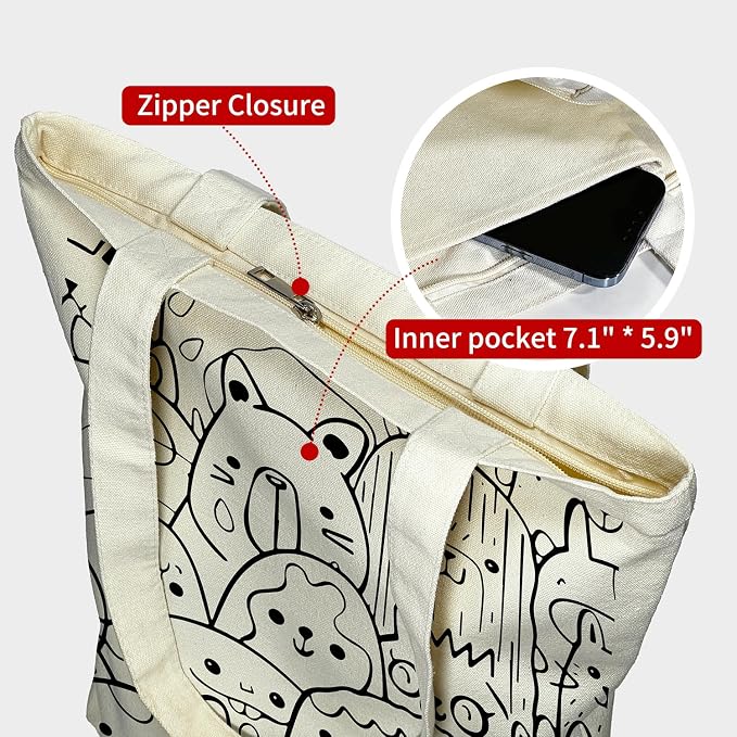 itgowisa Canvas Tote Bag for Women, Tote Bag with Zipper Inner Pocket, Zippered Canvas Bag for Shopping Work Grocery Everyday - Image 4