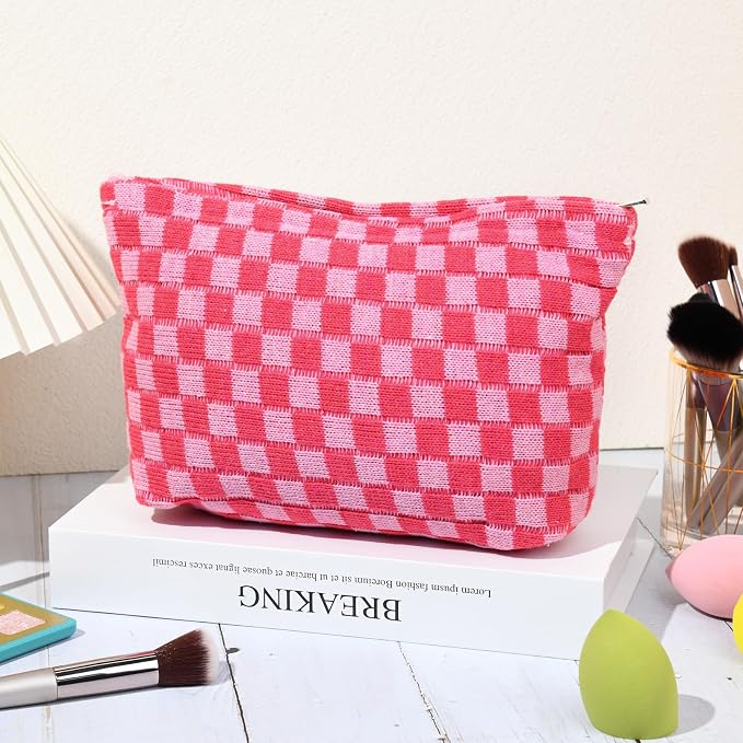 SOIDRAM 2 Pieces Makeup Bag Large Checkered Cosmetic Bag Capacity Canvas Travel Toiletry Bag Organizer Cute Makeup Brushes Aesthetic Accessories Storage Bag for Women, Rose Red checkered - Image 7