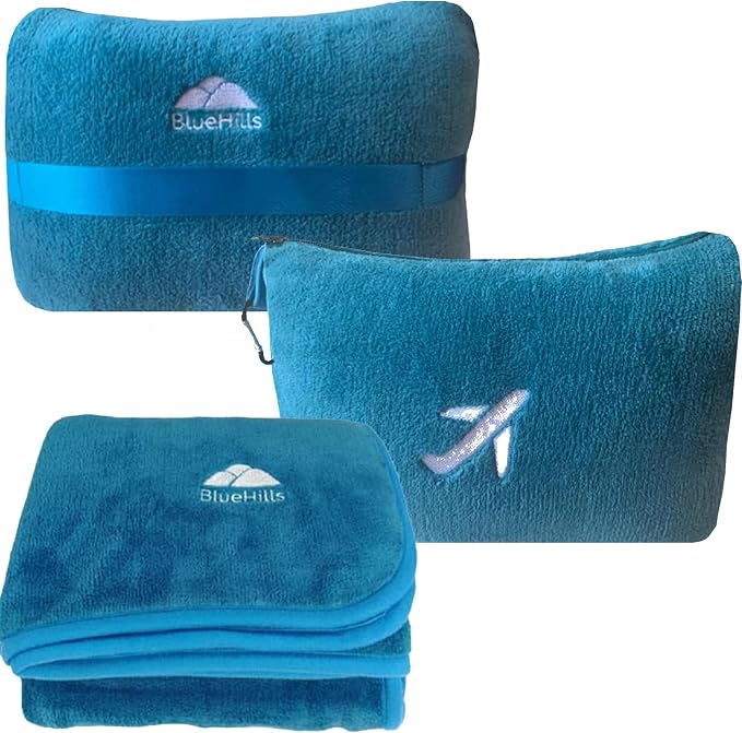 BlueHills Premium Soft Plush Mini Travel Blanket Pillow Airplane Teal Blue | Compact Pack with Luggage Belt & Backpack Clip, Car Use 2 in 1 Blanket, Foldable Case, Travel Essentials, Small Flight Throw by BlueHills