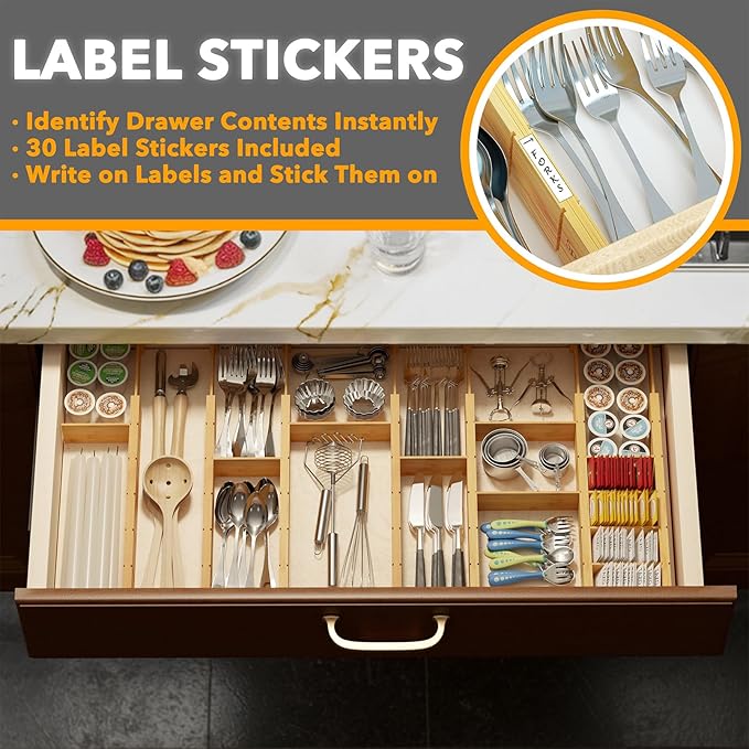 SpaceAid Bamboo Drawer Dividers with Inserts and Labels, Kitchen Adjustable Drawer Organizers, Expandable Organization for Home, Office, Dressers, 7 Dividers with 15 Inserts (17"-22" Natural) - Image 3