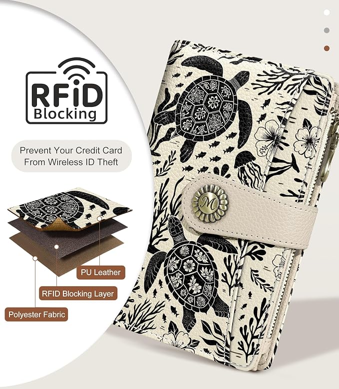 Sea Turtle Wallet Women RFID, Passport Holder, Credit Card Holder | 6.7" x 4.4" x 1.3" Bifold, Travel billfold, Zipper Pocket, PU Leather, Clutch, Purse, ID Window, Pen Holder, Gift Ladies Girl - Image 4