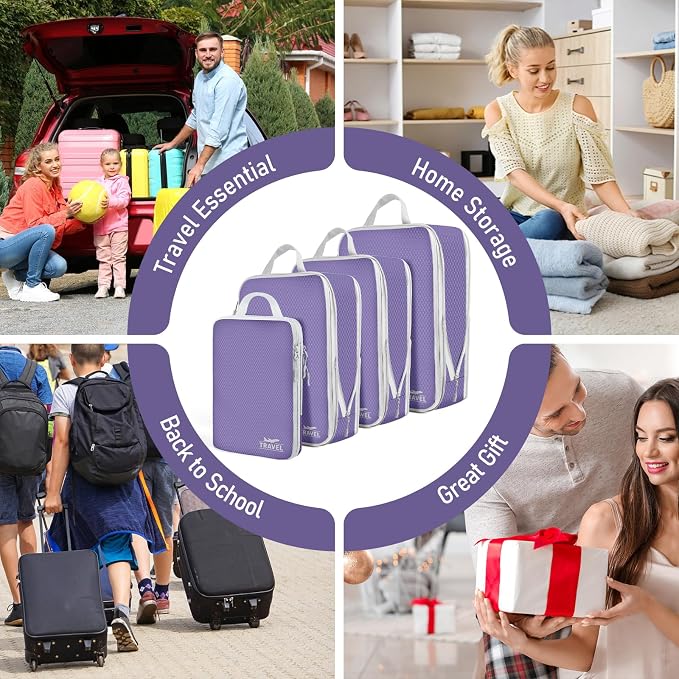 4 Set Compression Packing Cubes, Suitcase Organizer, Lightweight Travel Essentials, Compression Bags For Travel Accessories Luggage Storage Set (4 Pcs, Purple) - Image 7