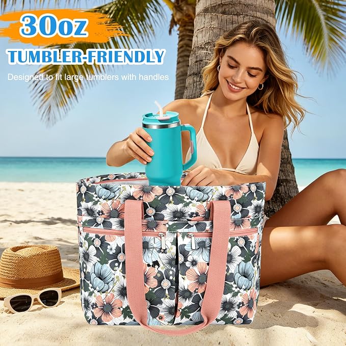 HUANLANG Large Beach Bags for Women Pool Bag with Zipper, Waterproof Sandproof Beach Tote Travel Bag with Wet Pocket - Image 2
