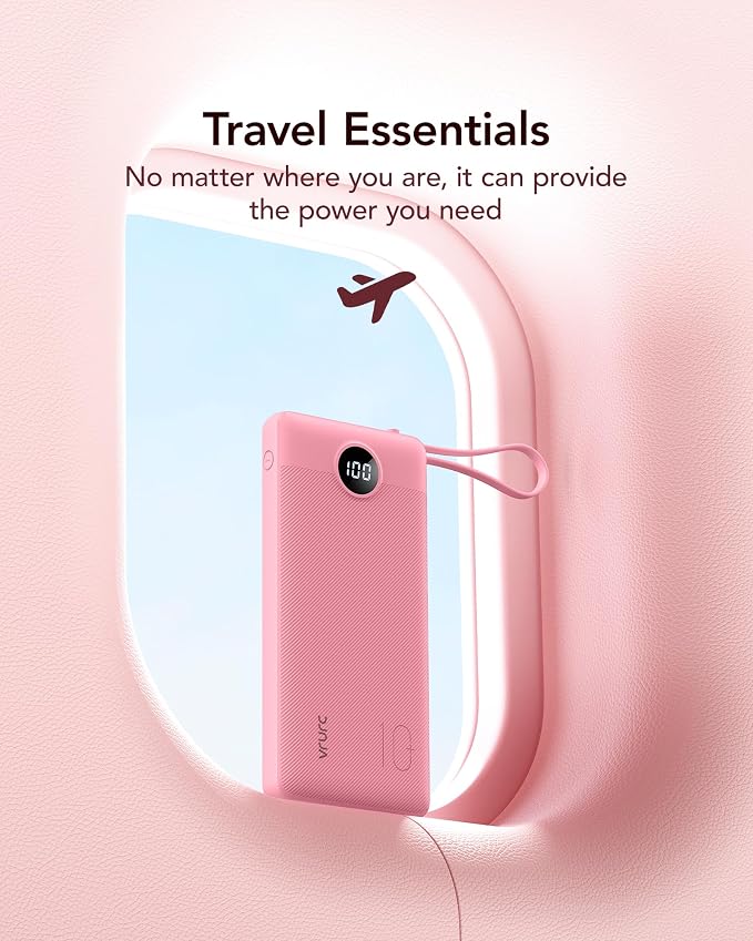 VRURC Portable Phone Charger, Built-in 4 Cables USB C Power Bank 10000mAh | Slim Power Bank for Travel,5 Output 2 Inpput Charging Bank,Multi Devices Battery Pack for iPhone,Android-Barbie Pink(1 Pack) - Image 4