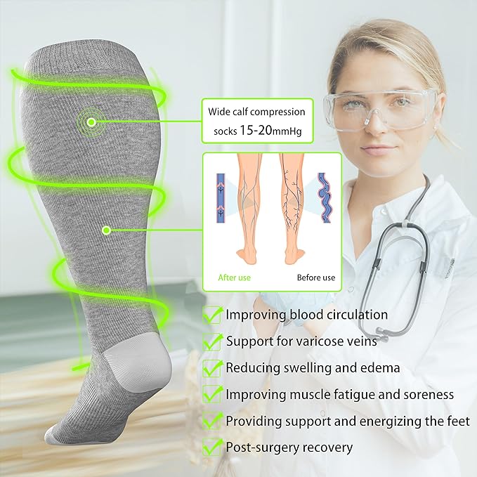 LEVSOX Wide Calf Compression Socks for Women&Men Plus Size 15-20mmHg Knee High Large Support Stockings for Circulation - Image 6