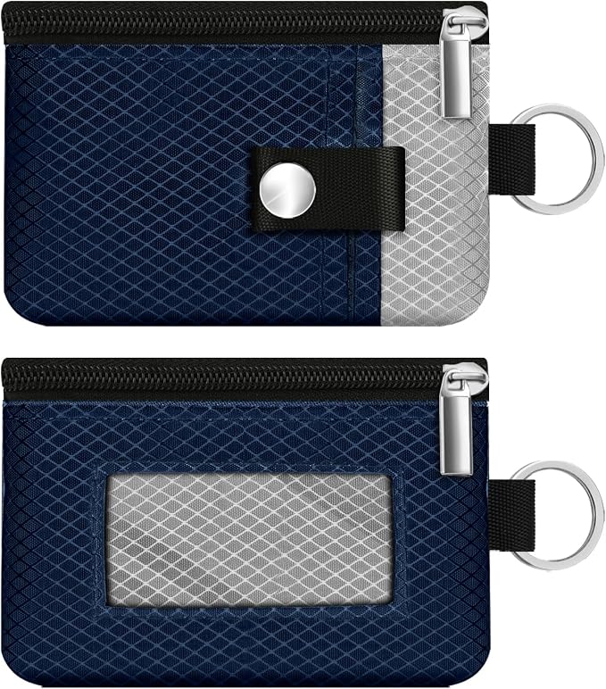 Minimalist RFID Blocking Small Wallet with ID Window,WaterResistant Zip Id Case Wallet with Lanyard Keychain for Cards,Cash,Travel,Women,Men (Dark Blue/Light Gray) - Image 3