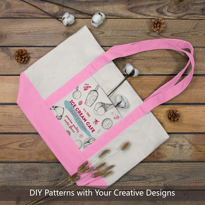 TOPDesign 3-Pack Canvas Tote Bags with an External Pocket, Reusable Grocery Shopping Bags, Top Zipper Closure, Daily Essentials (Pink/Natural) - Image 4