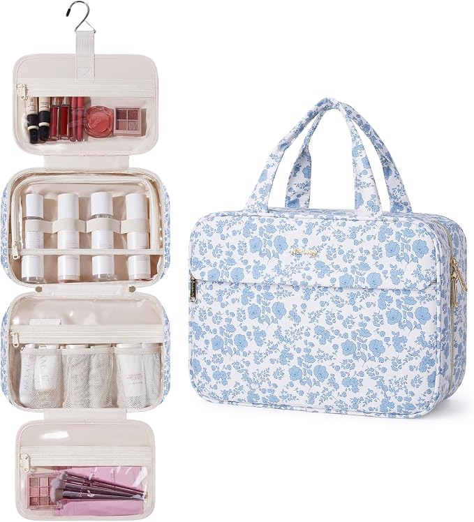 Narwey Floral Hanging Travel Toiletry Bag, Makeup Bag Organizer Make up Toiletries Bags for Full Size Essentials, Accessories, Brushes, Cosmetics (Blue Flower, Large) by Narwey