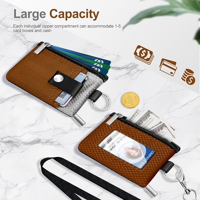 Minimalist RFID Blocking Small Wallet with ID Window,WaterResistant Zip Id Case Wallet with Lanyard Keychain for Cards,Cash,Travel,Women,Men (Brown/Light Grey) - Image 7