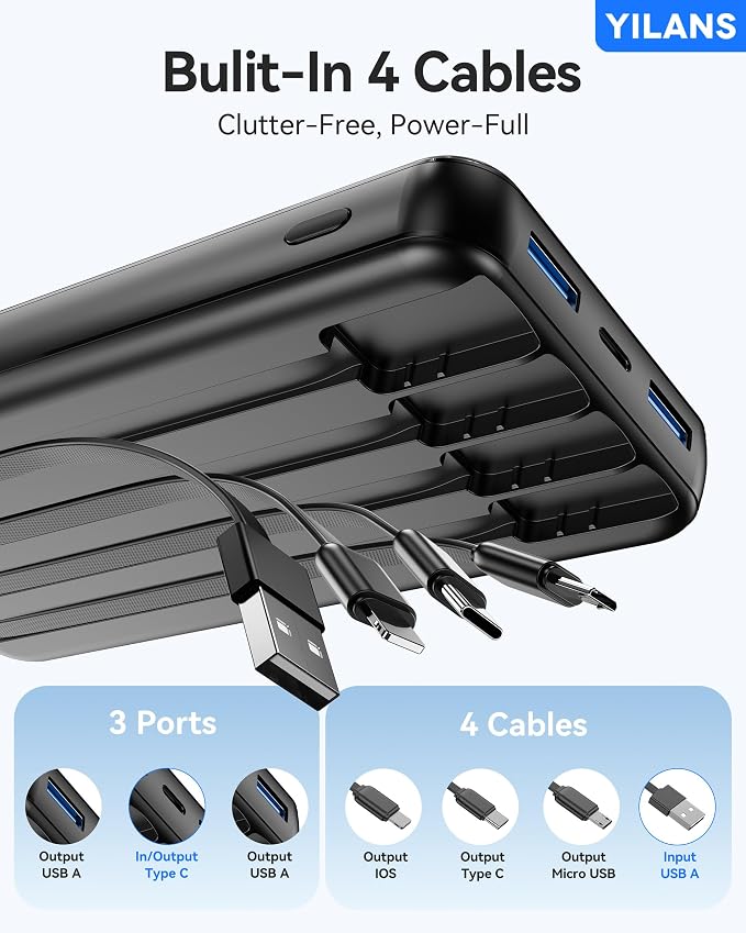 YILANS Portable Charger 50000mAh, 22.5W Power Bank with Built-in 4 Cables | Charges 6 Devices, Fast Charging Travel Essential, External Battery Phone Pack for iPhone 17-12, for Samsung/Android/iPad - Image 7