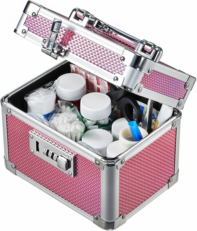 Medicine Lock Box with 3-Digit Combination Lock – Pink Lockable Storage Box for Medication, Small Lock Box for Valuables, 7" Locking Medicine Box, Lock Box for Home Travel Dorm by AdazzoRollingMakeupCase