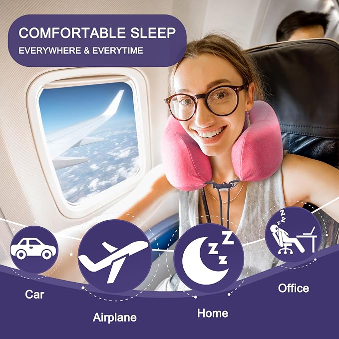 napfun Neck Pillow for Travel, Memory Foam Airplane Pillow, Rose | 360° Neck Support, Upgraded 100% Memory Foam for Airplane, Car, Train, Bus, Office Sleep, Travel Essentials for Long Flights - Image 5