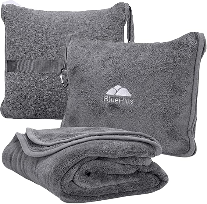 BlueHills Premium Soft Travel Blanket Pillow and Ultra Compact Travel Blanket Value Pack Set of 2 - Airplane Flight Blanket Throw in a case with Strap Compact Pack for Car Plane Travel Gray Grey - Image 2