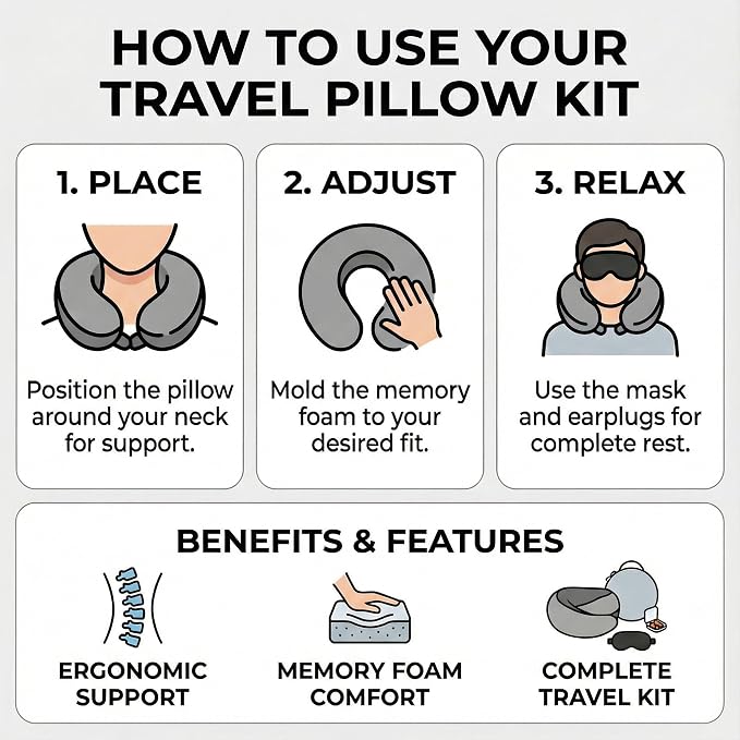 Travel Neck Pillow with Memory Foam & Chin Support – Includes Cute Macaron EVA Water-Resistant Carry Case, Eye Mask & Ear Plugs (Dark Grey) - Image 8