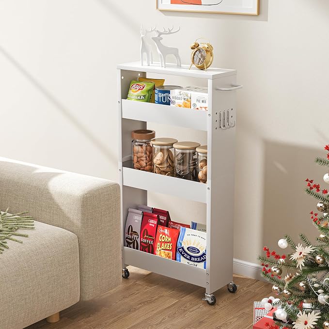 CHLORYARD Slim Storage Cart, 4-Tier Kitchen Rolling Cart Narrow Storage Cabinet with Handle & Wheels, Metal Rolling Shelf Unit for Kitchen Bathroom Laundry Small Places (5.9IN White/White) - Image 7