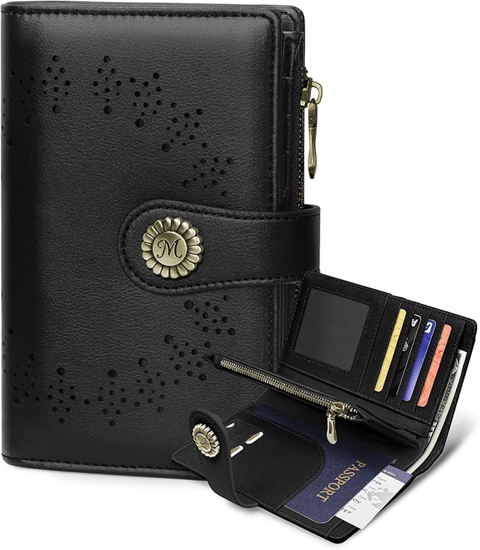 Black Wallet Women RFID Bifold, Passport Holder Credit Card Holder | 6.7" x 4.4" x 1.3" Travel billfold, Zipper Coin Pocket, PU Leather Clutch, Purse, ID Window, Pen Holder, Gift for Ladies Girl by Mavellin