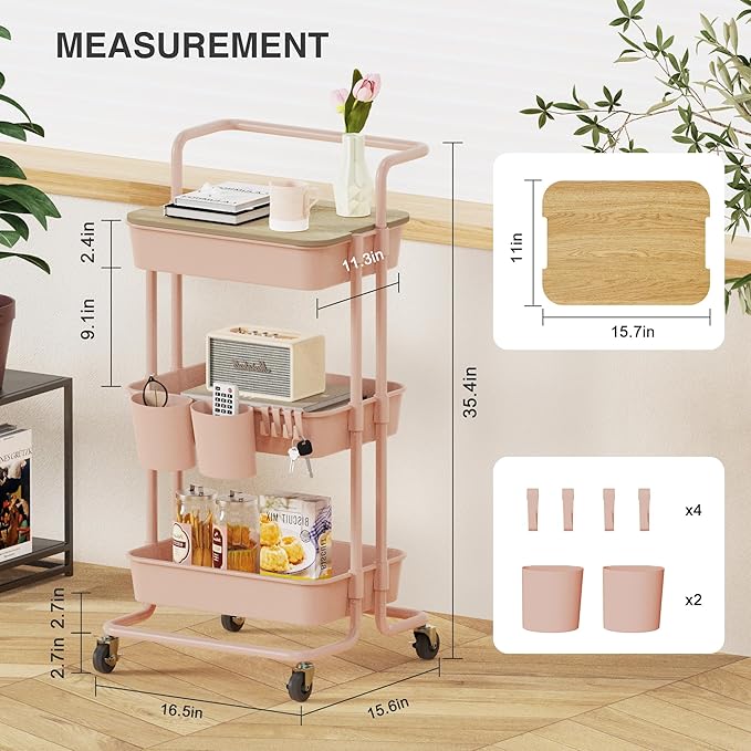 DTK 3 Tier Rolling Utility Cart with Cover Top Board, Movable Kitchen Storage Cart Trolley with Lockable Wheels, Cups, Hooks for Kitchen Bathroom Home Office Art Craft Storage and Organization(Pink) - Image 2