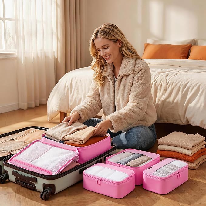 4 Piece Compression Packing Cubes for 3–7 Day Travel, Space Saving Travel Organizers with Breathable Mesh, Double-Zipper Packing Cubes for Carry-On & Suitcases (Petal) - Image 6