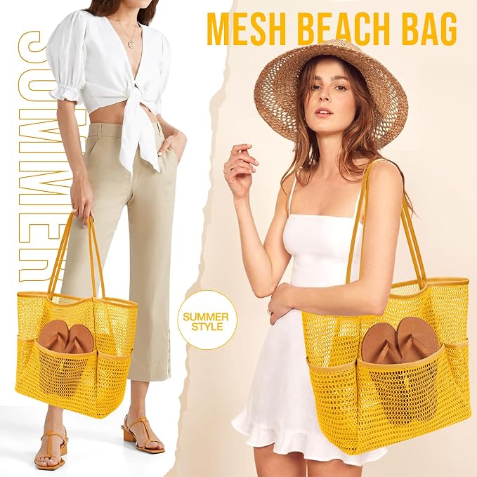 KPX Beach Bag with Mini Pocket, Summer Beach Tote Bags for Women Large Foldable Mesh Swimming Pool Travel Bags - Sandproof - Image 3