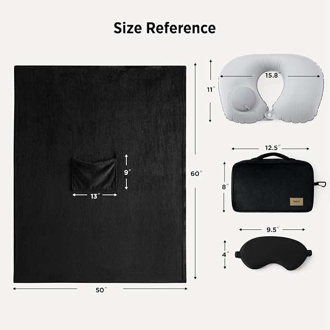 Bedsure Travel Blanket Set with Inflatable Neck Pillow and Eye Mask - Lightweight 3-in-1 Airplane Packable Blanket, Compact Travel Essentials, Black - Image 6