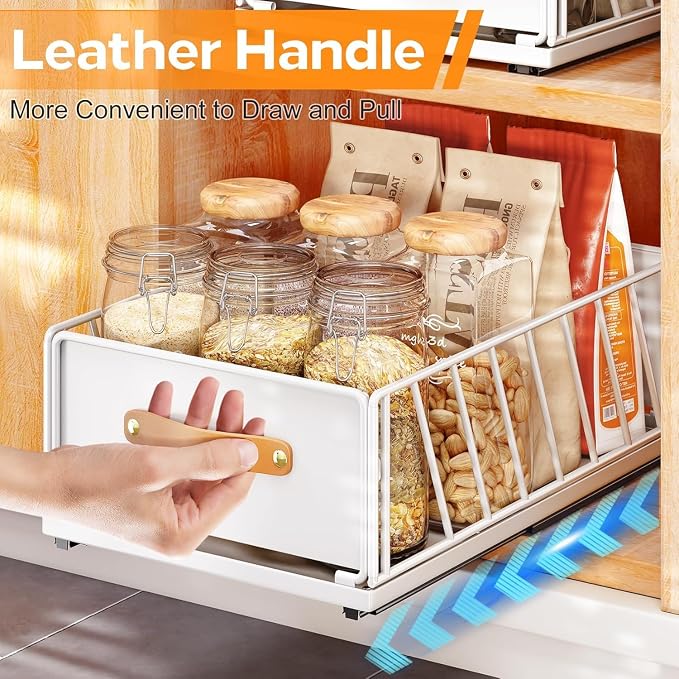 4Pack Pull out Cabinet Organizer,Heavy Duty Slide out Pantry Shelves Drawer Storage with Adhesive Nano Film,Sliding Mesh Basket with Handle for Kitchen, Bathroom, Home, 11.8W" X 15.7"D X 6.2"H,White - Image 7