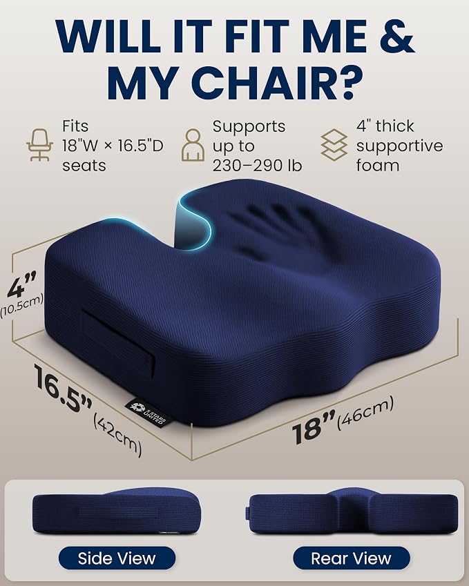 5 STARS UNITED Seat Cushion - Memory Foam Chair Cushion for Tailbone Pain Relief - Ergonomic Support for Coccyx, Sciatica & Butt - Office, Desk & Gaming Chair, Car Seat, Wheelchair, Airplane, Blue - Image 5
