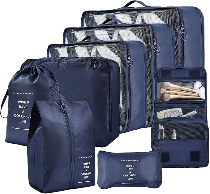 Packing Cubes for Travel, 8 Set Luggage Organizer Bags Travel Cubes for Packing Compression Luggage Cubes for Suitcase Carry on Travel Essentials with Laundry & Toiletry Bag（navy） by Greenfeather