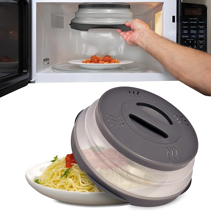 HOVER COVER Magnetic Microwave Splatter Cover - 12-Inch Collapsible - Gray | High Power, Stronger Magnetic Grip, BPA-Free Lid, Vented Plate Guard with Steam Vents, Dishwasher Safe, Space-Saving Storage by HoverCover