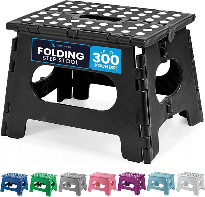Handy Laundry Folding Step Stool 9 Inch, Black, Non-Slip Holds 300 lbs | 9 Inch, Black, Foldable Collapsible Step Stool, Non-Slip, Holds 300 lbs, Kitchen Bathroom Bedroom, Adults by Handy+Laundry