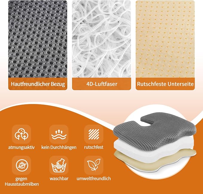Gooo&Ma Air Fiber Seat Cushion, U-Shape Tailbone Comfort, Grey | Breathable cooling, ergonomic design, for office chair/car/gaming, washable, non-slip base, 19.7"x15.7"x1.6" - Image 5