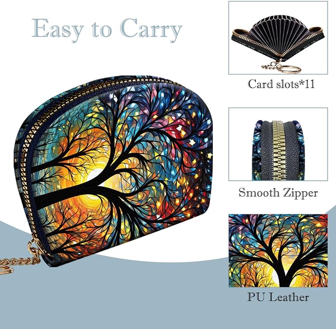 Women's Slim RFID Wallet – Compact Leather Card Holder Wallet for Women, 9 Card Slots RFID Blocking Credit Card Organizer, Small Travel Wallet - Colorful Trees - Image 4