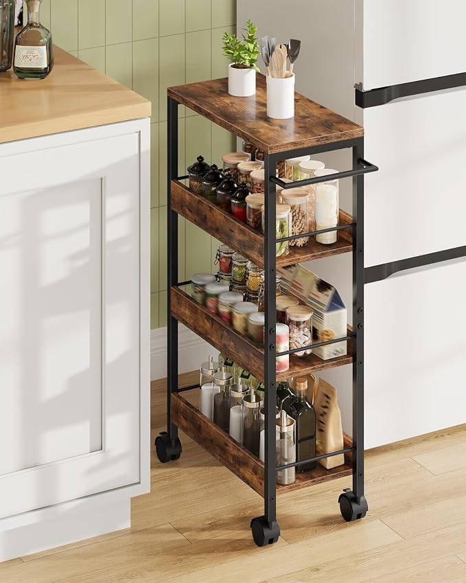 4-Tier Slim Storage Cart, 9.1'' Kitchen Serving Trolley, Slim Rolling Cart with Handle and Guard Rails, Slim Cabinet for Small Spaces, for Dining Room, Rustic Brown and Black TTC03BF by Choezon