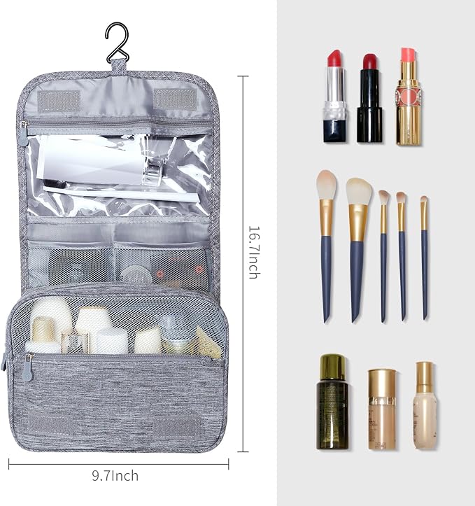 Lcsmaokin Large Capacity Toiletry Bag Travel Bag with Hanging Hook for Men and Women Waterproof Travel Cosmetic Bag Bathroom Storage Bag for Brushes Set,Full-Sized Shampoo,Toiletries,Accessories-Grey - Image 4