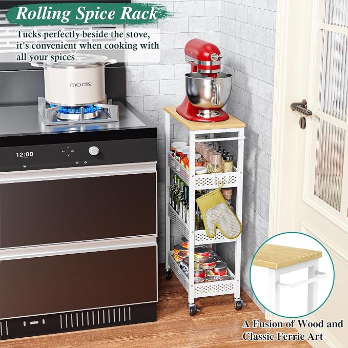 OKZEST 4-Tier Slim Rolling Storage Cart for Laundry Room, Bathroom, Kitchen | Upgraded metal hub casters, Narrow utility cart for small space/gaps, Premium wood top & metal mesh shelf, with handle & hook - Image 5